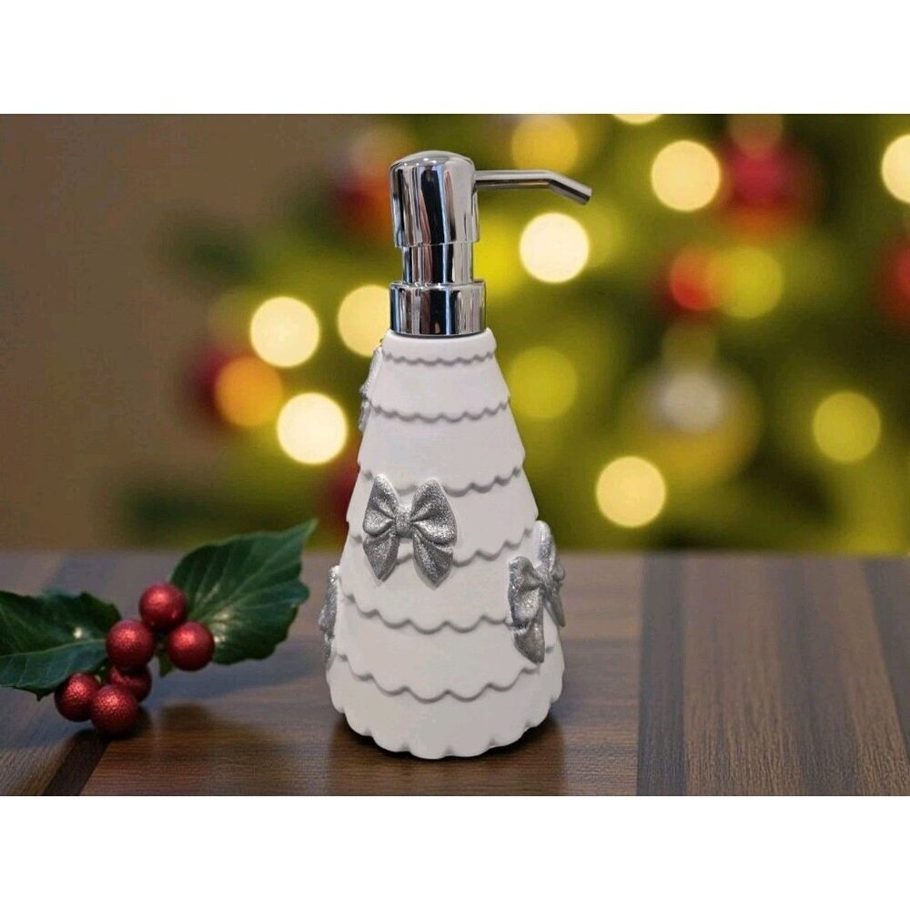 New White / Silver Christmas Tree W/ Bows Soap Dispenser Decoration